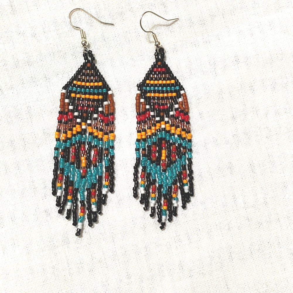 Handmade beaded Native style earrings with fringe